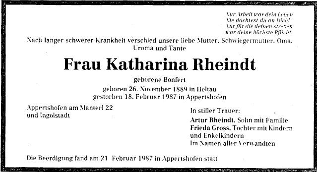 Bonfert Katharina 1889-1987 Todesanzeige